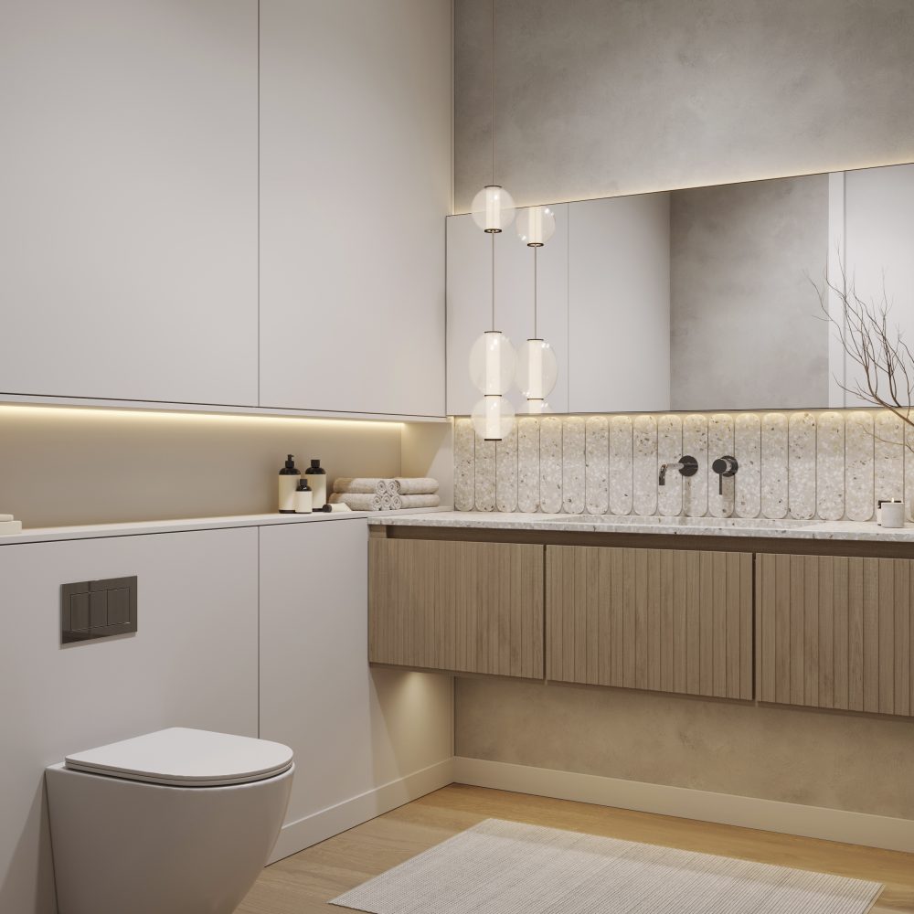Modern bright bathroom interior with wooden furniture, sink with mirror, 3d rendering