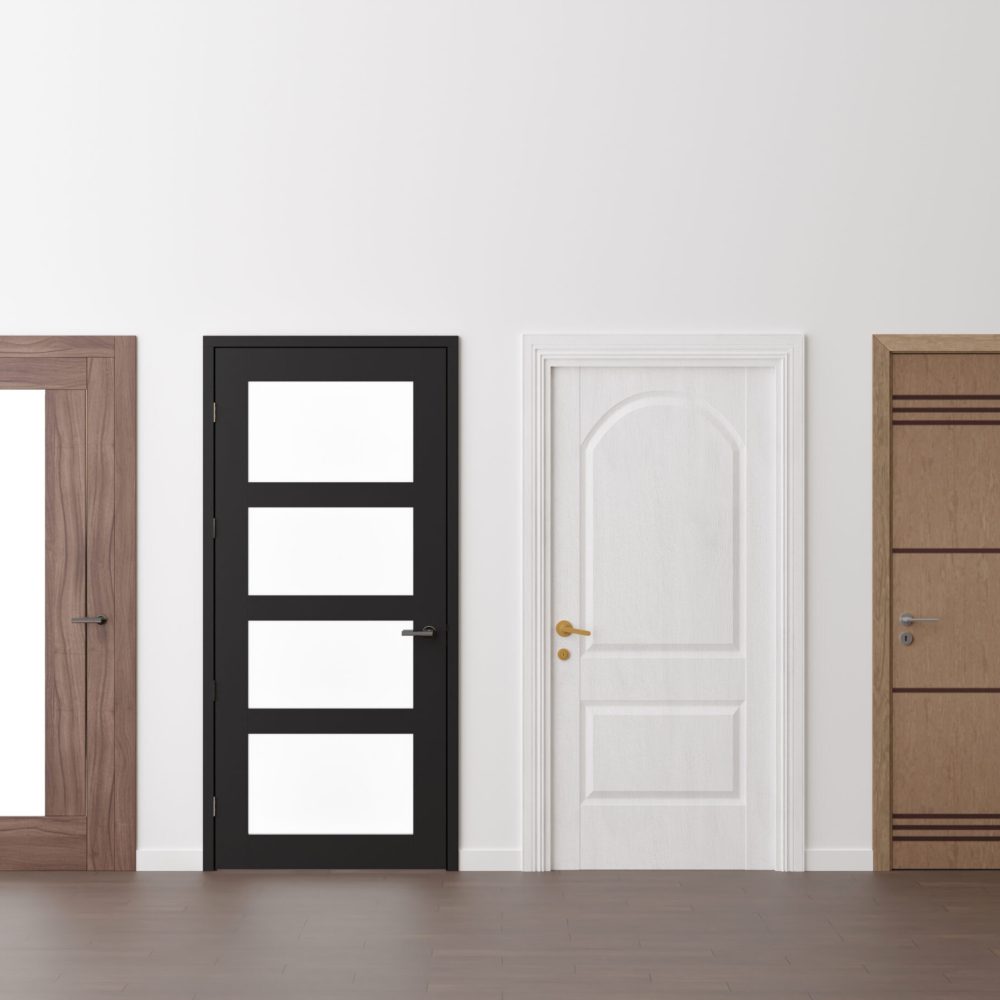 Various modern doors in empty room. Copy space for text, advertising. Production and trade of interior doors. Stylish internal door. Manufacture and sale. 3D rendering